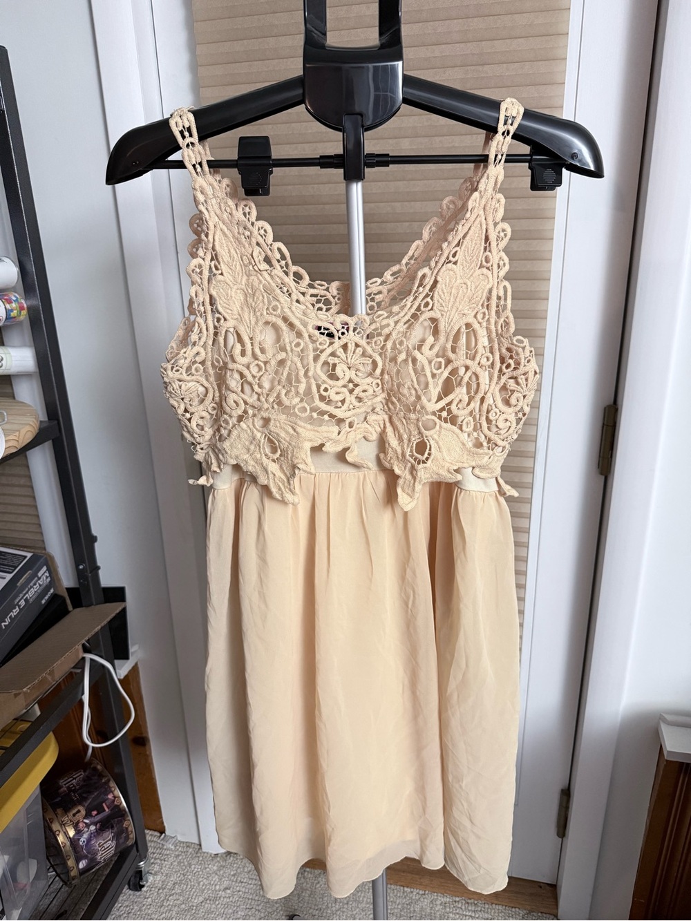 Say What? crochet bodice mini dress L butter yellow chiffon empire waist skirt